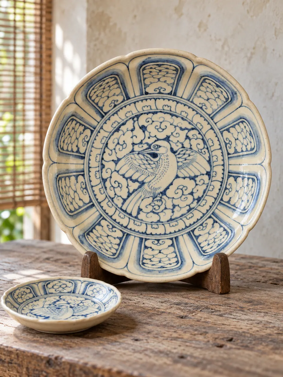 AI illustration: a ceramic dish inspired by bird-and-cloud decoration on Vietnamese blue-and-white pottery.