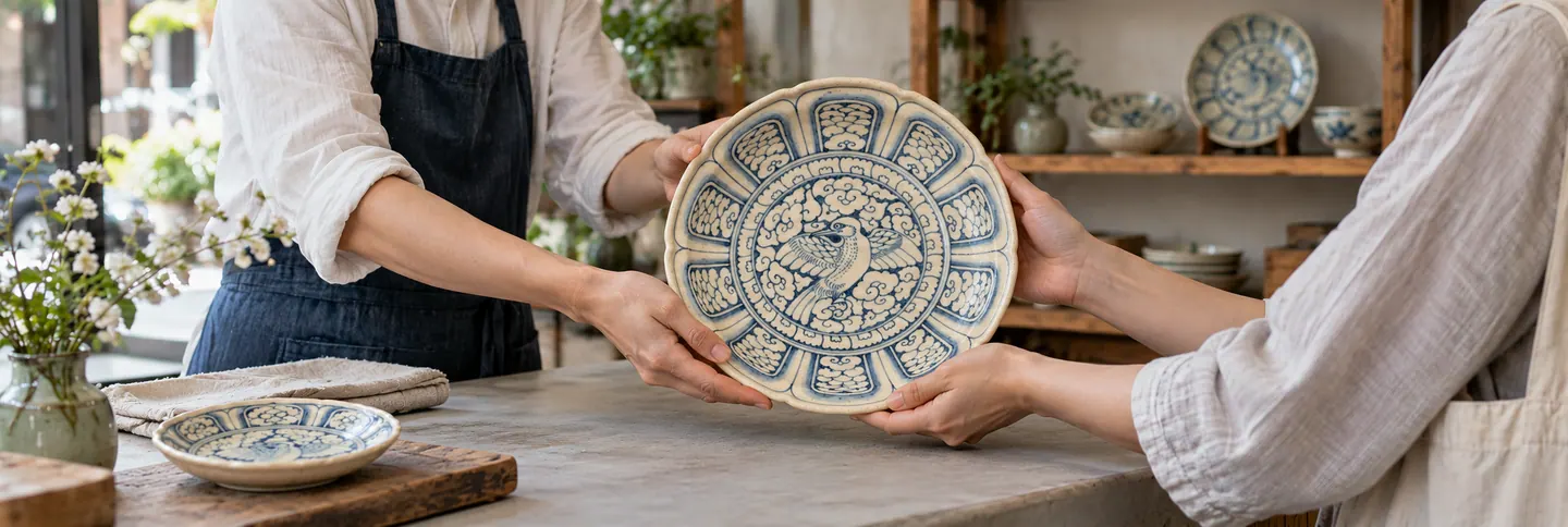 AI illustration: a shop owner hands a customer a ceramic dish inspired by bird-and-cloud decoration on Vietnamese blue-and-white pottery.
